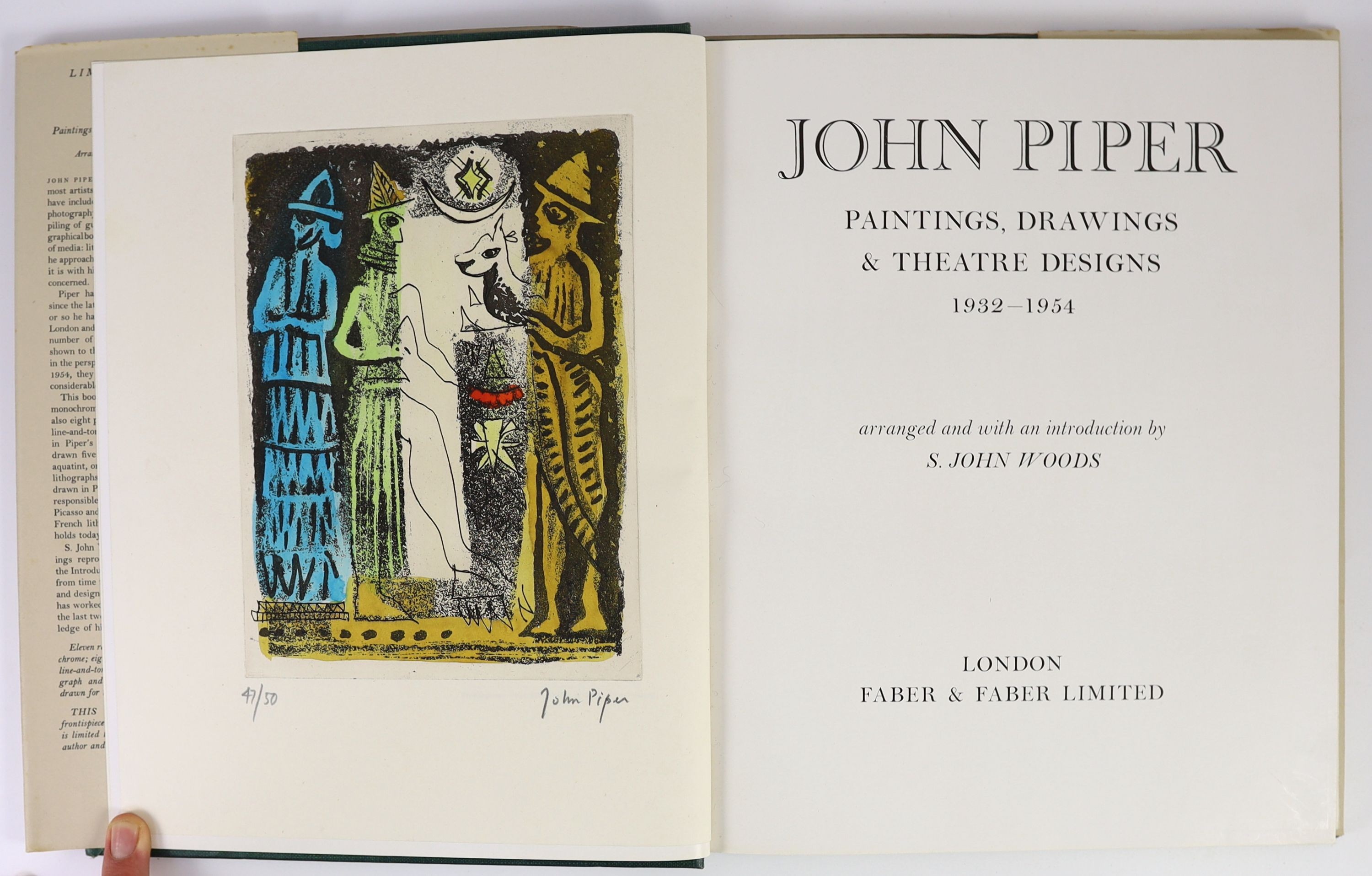 Piper, John - Paintings, Drawings & Theatre Designs, 1st edition, one of 50 with signed, hand-coloured aquatint frontispiece, 4to, green buckram gilt, with unclipped d/j, Faber & Faber, London, 1955, in slip case.